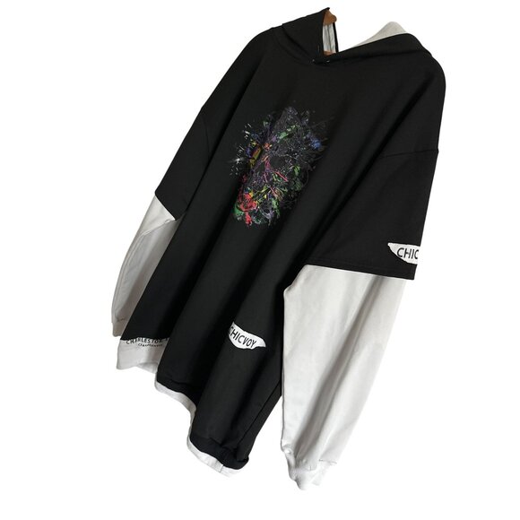 Graffiti Skull Hoodie Sweatshirt Black & White Purple Chicvoy Graphic Cotton XL - Picture 4 of 7